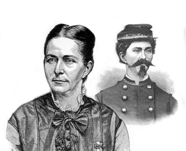 Sketch of Loreta Janeta Velazquez in normal attire and in disguise as a soldier