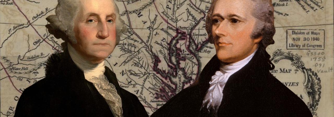 A photo of George Washington and Alexander Hamilton stitched atop a map of the Thirteen Colonies