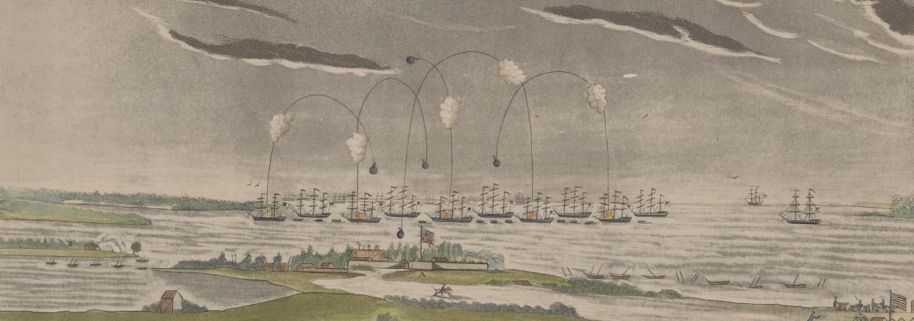 This painting details the clouds and gunfire over Fort McHenry. 