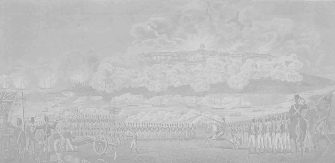 Cropped view of an engraving recolored in light greyscale tones shows British soldiers in the foreground, ships on the Potomac and the Capitol burning on a hill.