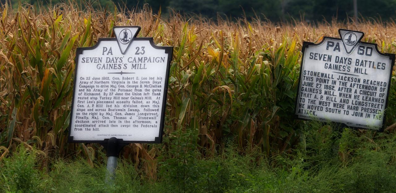 Two Historic Markers for Seven Days' Campaign at Gaines' Mill surrounded by corn.