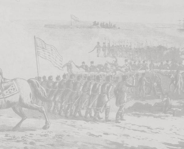 Cropped view of an engraving recolored in light greyscale tones shows General Jackson on a horse with American soldiers fighting the British in the background.