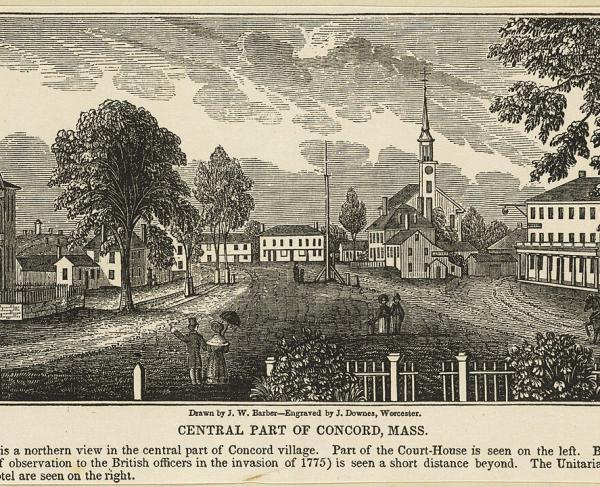engraving showing a town center with two churches and buildings