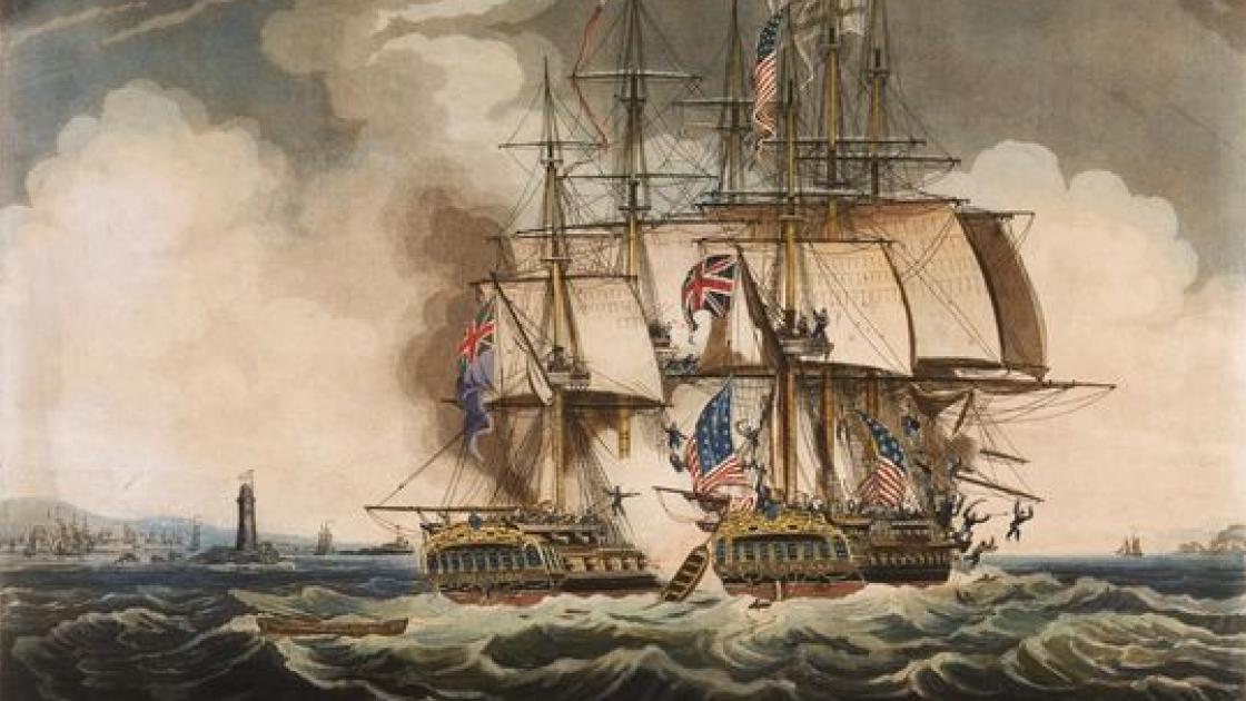 "The Brilliant Achievement of the Shannon... in boarding and capturing the United States Frigate Chesapeake off Boston, 1 June 1813 in fifteen minutes" by W. Elmes