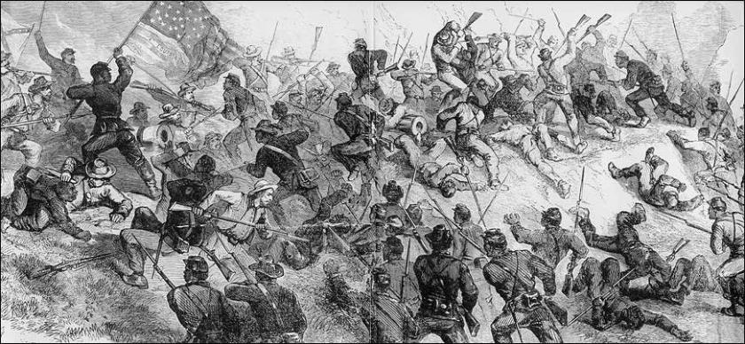 African American troops charge at Port Hudson, featured in Harper's Weekly.