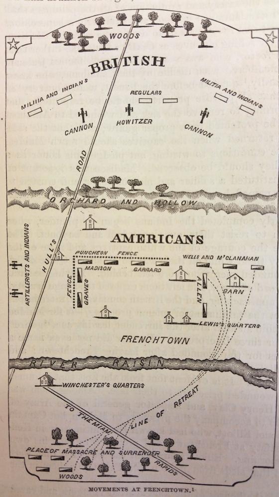 Simple battle map showing position of British and Americans at Frenchtown