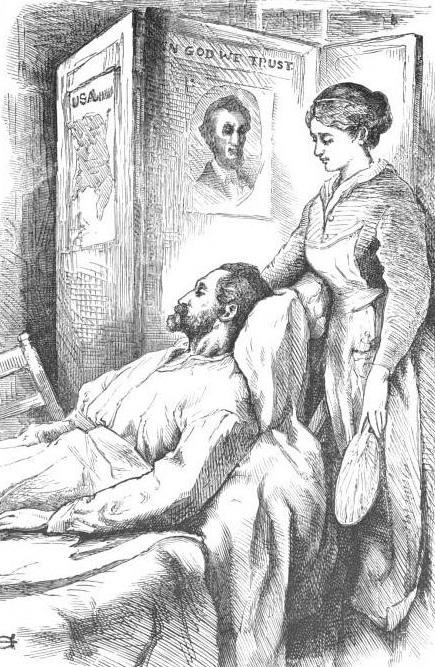 Illustration of John Suhre and Nurse Tribulation “Trib” Periwinkle from a later edition of Alcott's Hospital Sketches.