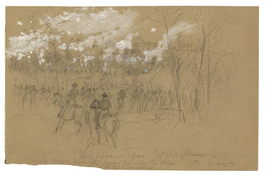 This is a drawing depicting rebels firing from the dwarf pine on the slope to the court house.