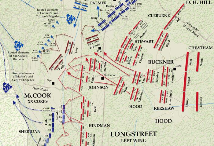 This is a map depicting the route followed by Longstreet's troops in order to take advantage of the gap at Chickamauga. 